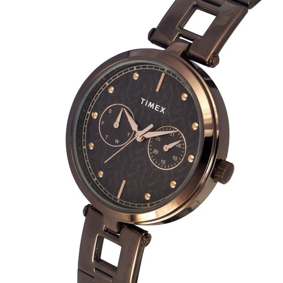 TIMEX FASHION WOMEN'S BROWN DIAL ROUND CASE DAY DATE FUNCTION WATCH -TWEL16603